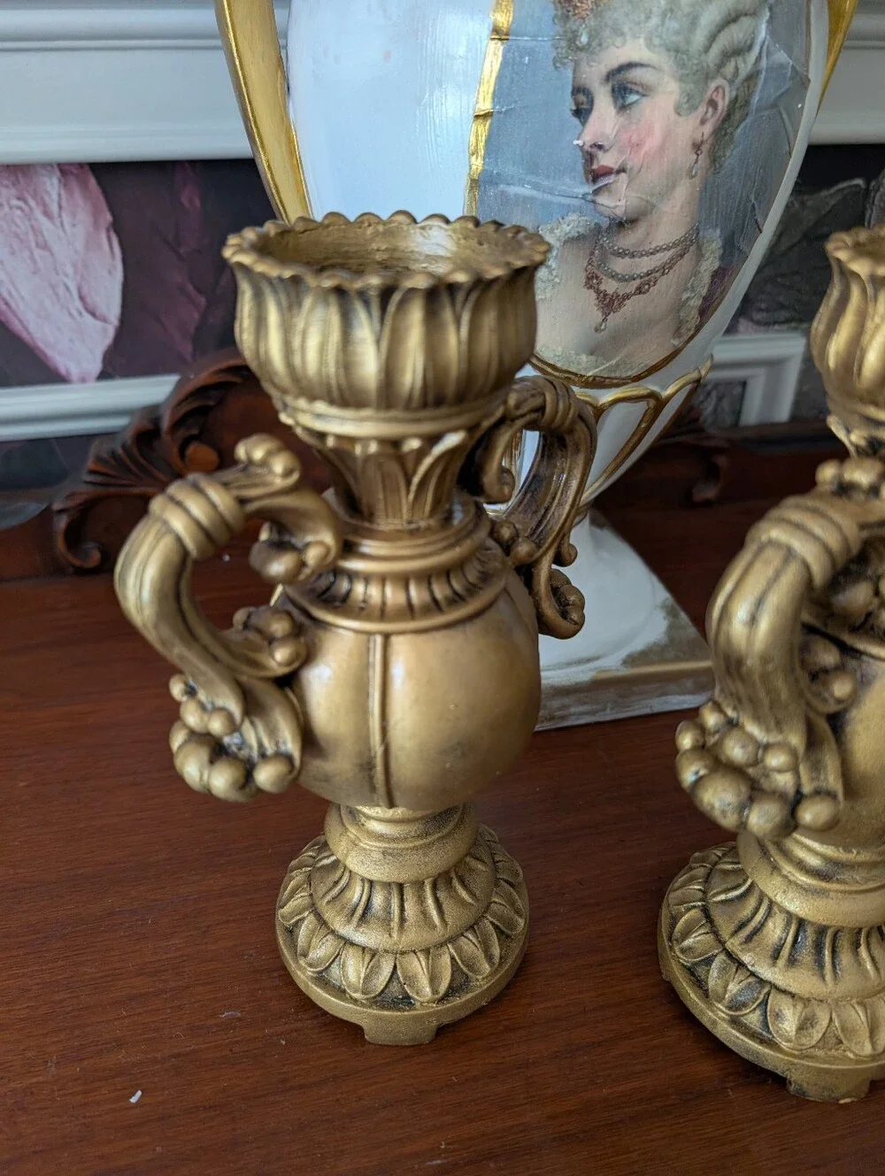 Vintage, set of 2,  rococo-style gold-gilt resin mix candle holders, urn shape